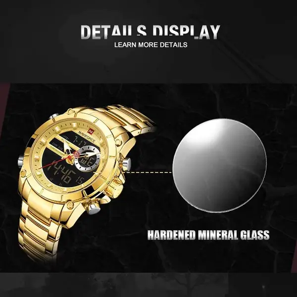 Naviforce NF9163 Stainless Steel Dual Movement Military Sport Men's Watch – Dial Color: Gold, Strap Color: Gold  – View 3