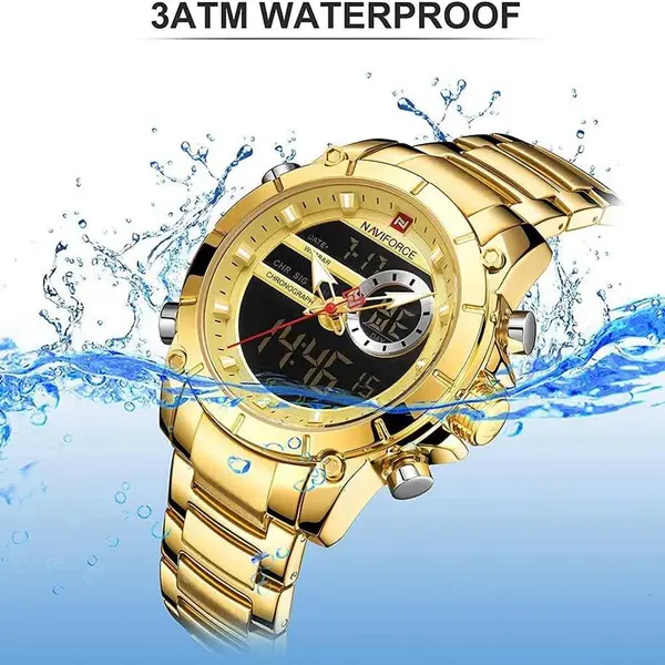 Naviforce NF9163 Stainless Steel Dual Movement Military Sport Men's Watch – Dial Color: Gold, Strap Color: Gold  – View 4