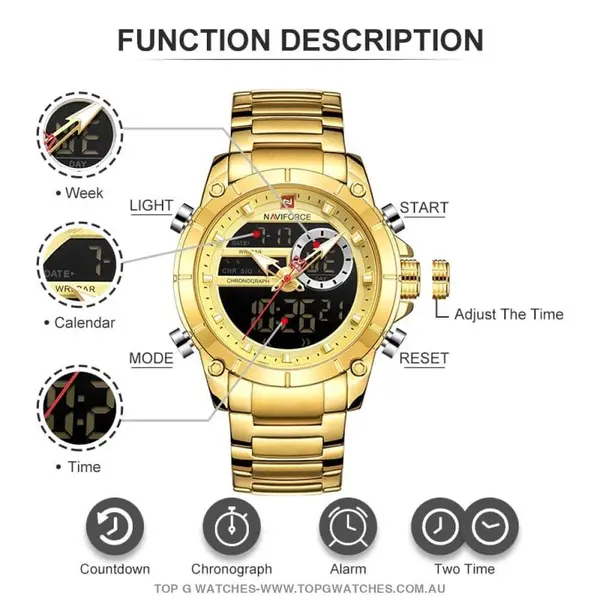 Naviforce NF9163 Stainless Steel Dual Movement Military Sport Men's Watch – Dial Color: Gold, Strap Color: Gold  – View 6