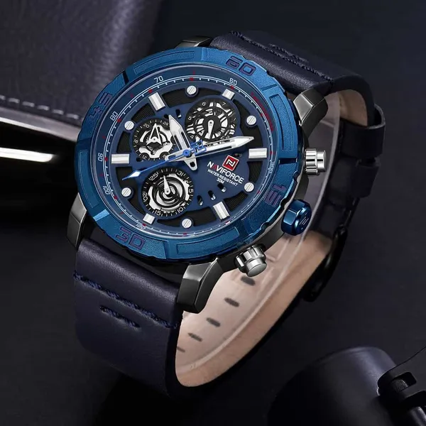 NAVIFORCE NF9139 PU Leather Chronograph Men's Watch – Dial Color: Blue, Strap Color: Blue – View 3