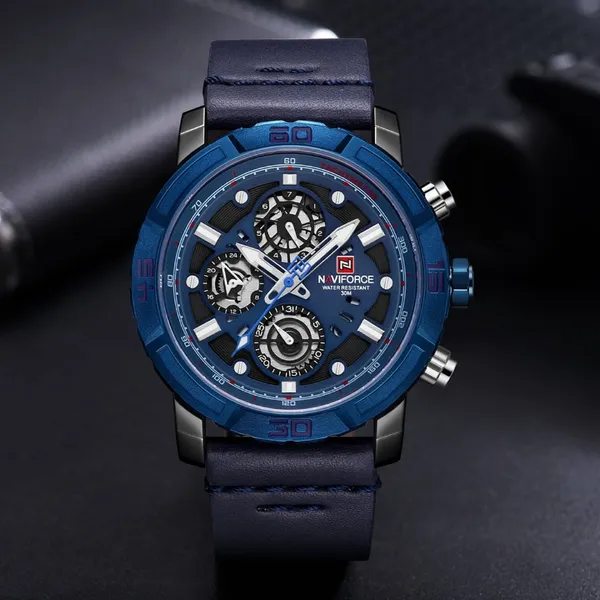 NAVIFORCE NF9139 PU Leather Chronograph Men's Watch – Dial Color: Blue, Strap Color: Blue – View 4