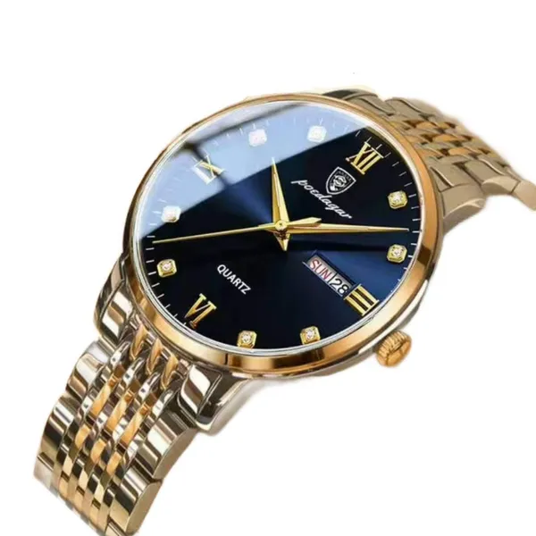 Poedagar 836 CH Luxury Stainless Steel Luminous Waterproof Men's Watch – Dial Color: Gold, Strap Color: Blue – View 2