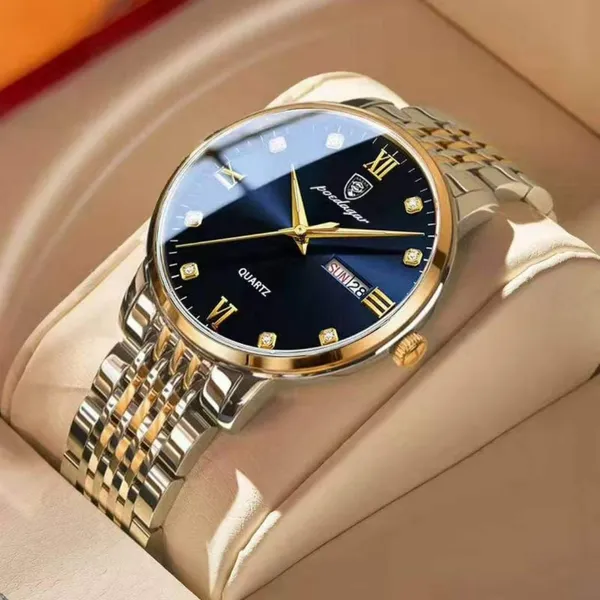 Poedagar 836 CH Luxury Stainless Steel Luminous Waterproof Men's Watch – Dial Color: Gold, Strap Color: Blue – View 3