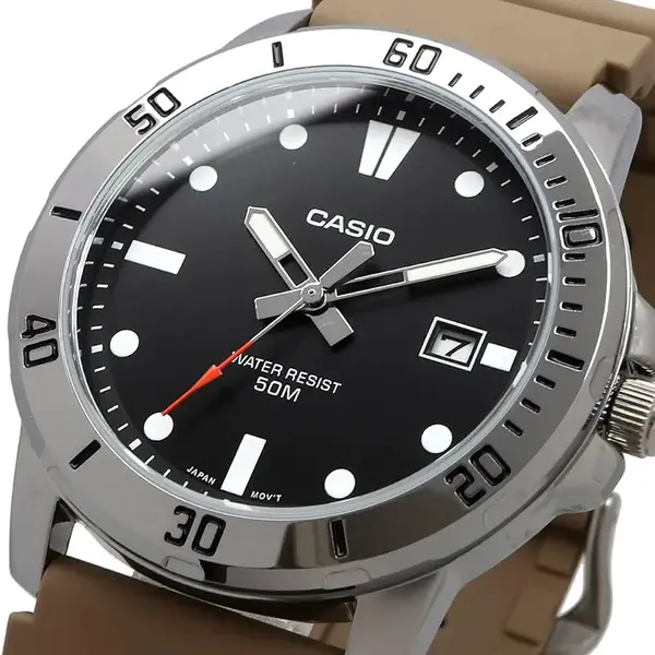 CASIO MTP-VD01-5EVUDF Enticer Stainless Steel Case Luminescent Men's Sports Analog Watch – Dial Color: Black, Strap Color: Beige – View 2