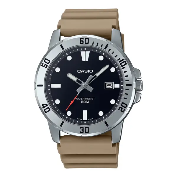 CASIO MTP-VD01-5EVUDF Enticer Stainless Steel Case Luminescent Men's Sports Analog Watch – Dial Color: Black, Strap Color: Beige – View 1