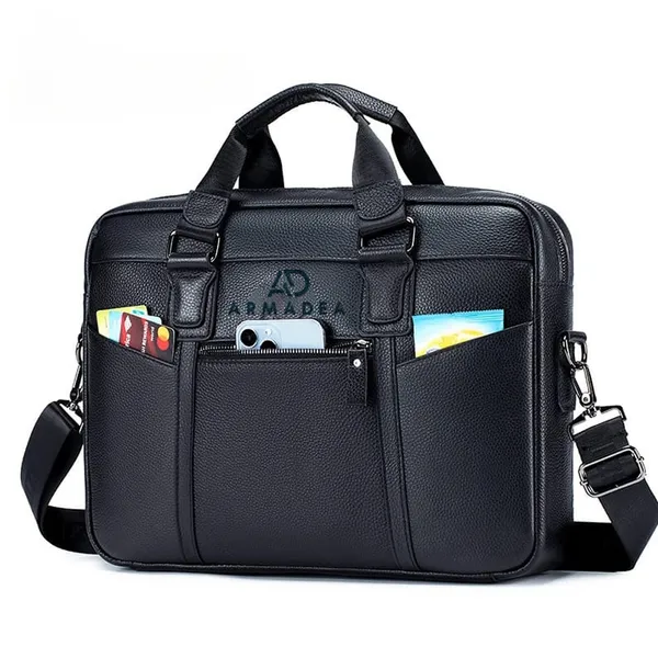 Genuine Leather Briefcase Type Laptop Document Carry A4 Messenger Bag – Color: Black – View 1