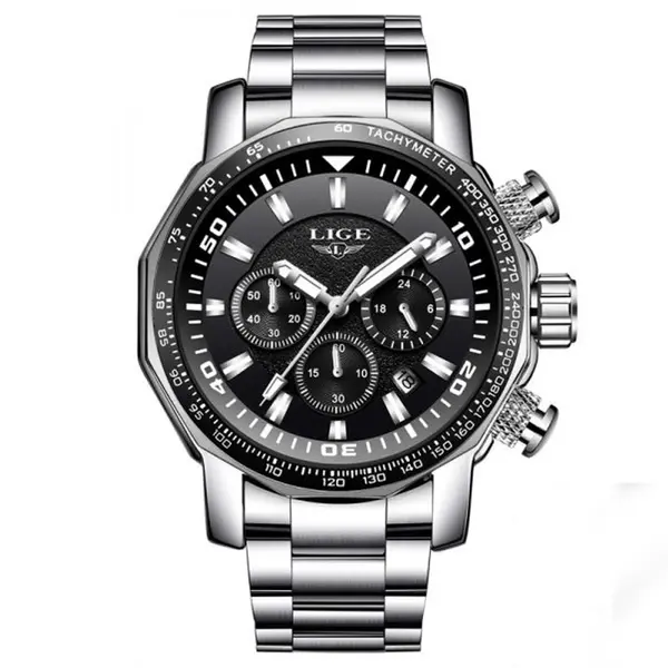LIGE 9871 Stainless Steel Analog Quartz Casual Men's Watch – Dial Color: Black, Strap Color: Silver – View 1