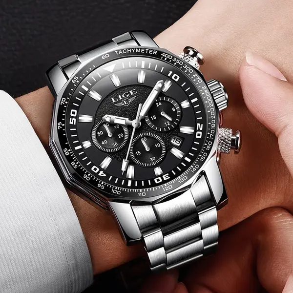 LIGE 9871 Stainless Steel Analog Quartz Casual Men's Watch – Dial Color: Black, Strap Color: Silver – View 2