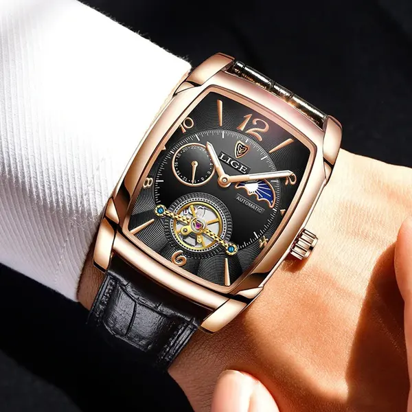 LIGE 8949 Exclusive Mechanical Leather Strap Moon Phase Casual Men's Watch – Dial Color: Rose, Strap Color: Black – View 2