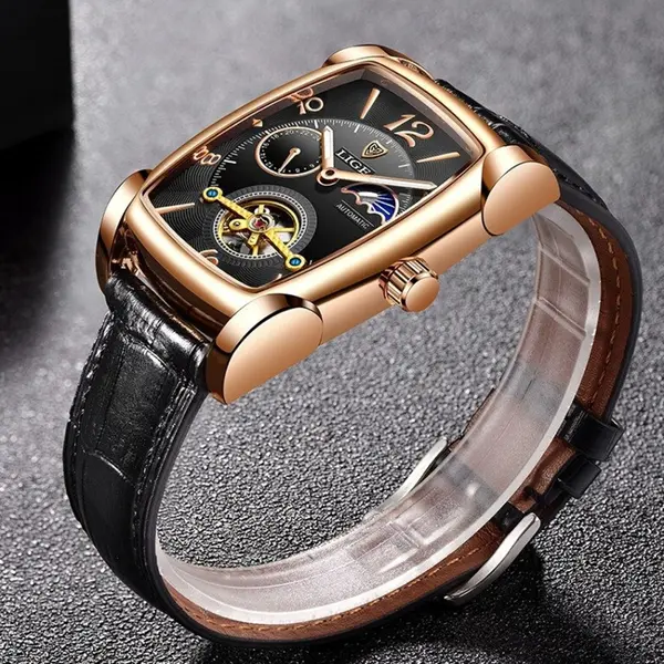 LIGE 8949 Exclusive Mechanical Leather Strap Moon Phase Casual Men's Watch – Dial Color: Rose, Strap Color: Black – View 3