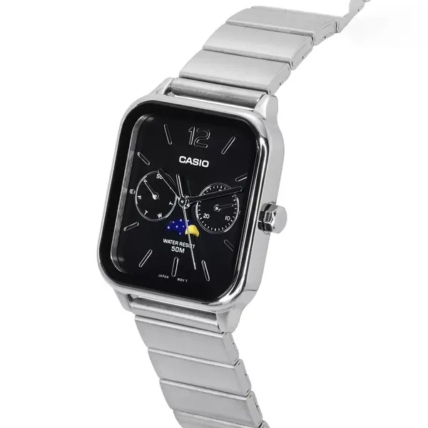 CASIO MTP-M305D-1AVDF Moon Chaser Silver Stainless Steel Chain Unisex Analog Watch – Dial Color: Black, Strap Color: Silver – View 2