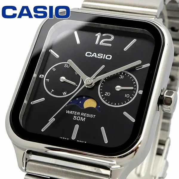 CASIO MTP-M305D-1AVDF Moon Chaser Silver Stainless Steel Chain Unisex Analog Watch – Dial Color: Black, Strap Color: Silver – View 3