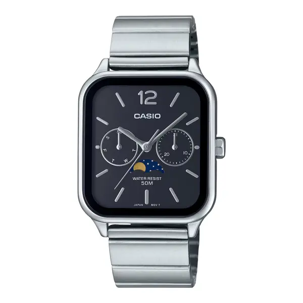 CASIO MTP-M305D-1AVDF Moon Chaser Silver Stainless Steel Chain Unisex Analog Watch – Dial Color: Black, Strap Color: Silver – View 1