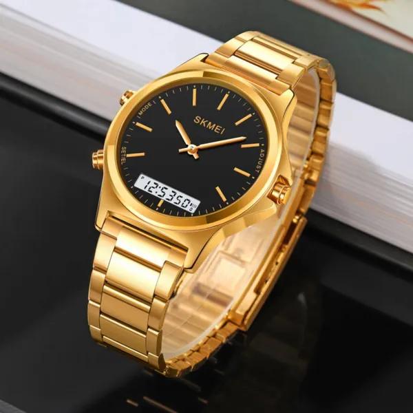 SKMEI 2120 Sport Waterproof Dual Display Digital Chrono Men's Watch – Dial Color: Black, Strap Color: Gold – View 3