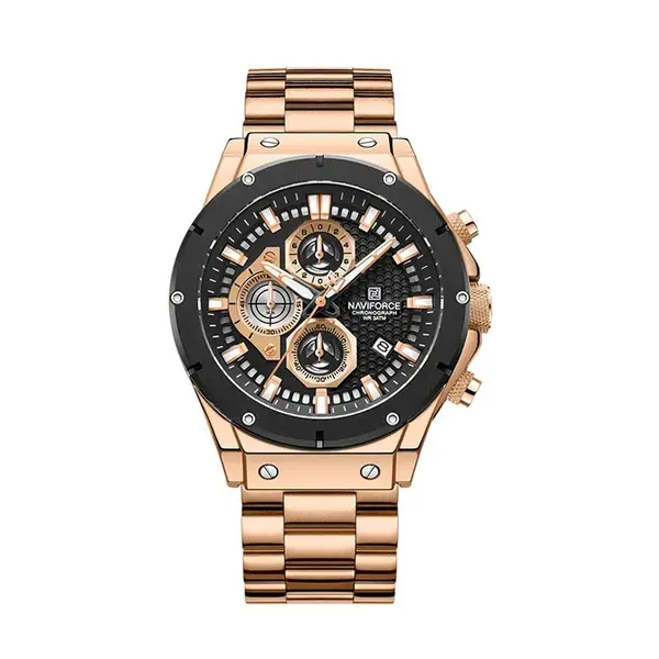 Naviforce NF8026 Luxury Stainless Steel Quartz Analog Men's Watch – Dial Color: Black, Strap Color: Rose – View 1