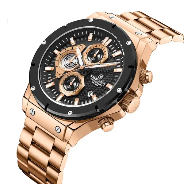 Naviforce NF8026 Luxury Stainless Steel Quartz Analog Men's Watch – Dial Color: Black, Strap Color: Rose – View 3