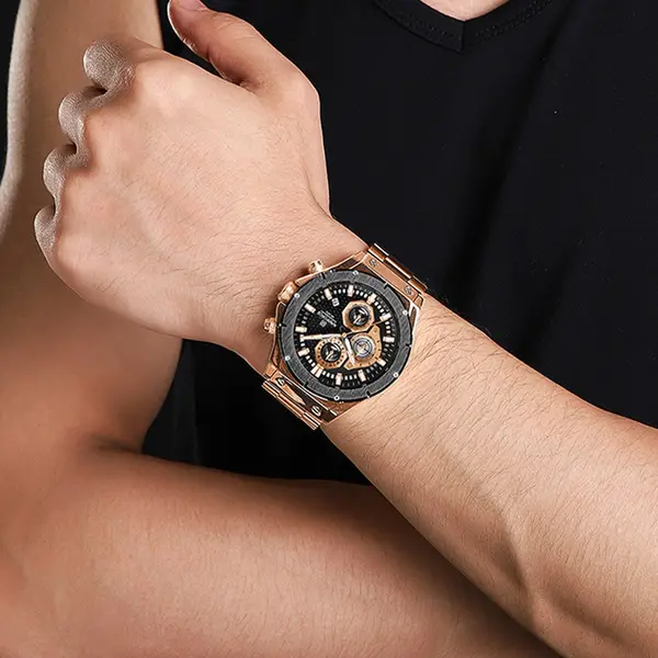 Naviforce NF8026 Luxury Stainless Steel Quartz Analog Men's Watch – Dial Color: Black, Strap Color: Rose – View 4