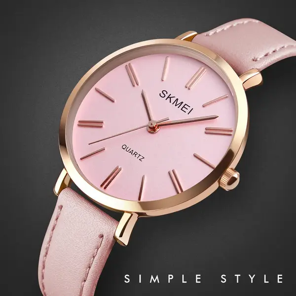 SKMEI 1397 Minimalist Minor Girl Collection Leather Strap Watch – Dial Color: Pink, Strap Color: Pink – View 2