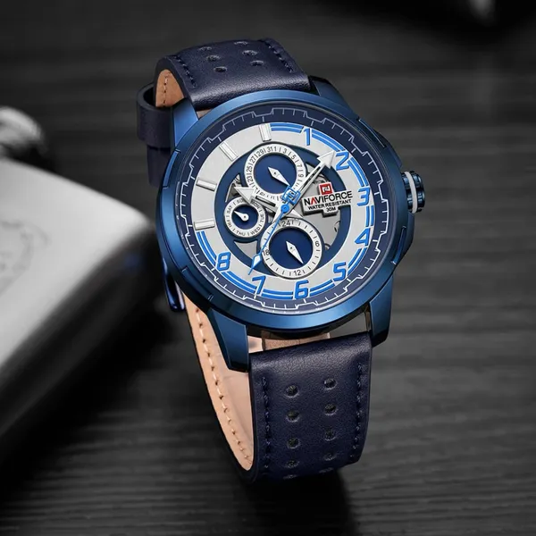 NAVIFORCE NF9142 PU Leather Chronograph Men's Watch – Dial Color: Blue, Strap Color: Blue – View 3