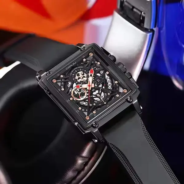 CRRJU 2312 Comfortable Silicone Band Multifunctional Skeleton Dial Sports Men's Watch – Dial Color: Black, Strap Color: Black – View 2