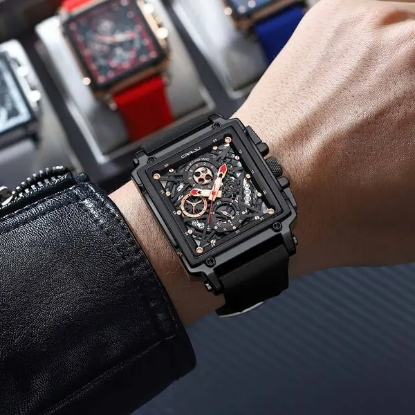 CRRJU 2312 Comfortable Silicone Band Multifunctional Skeleton Dial Sports Men's Watch – Dial Color: Black, Strap Color: Black – View 4
