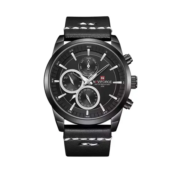 Naviforce NF9148 Custom Luxury Leather Strap Quartz Casual Men's Watch – Dial Color: Black, Strap Color: Black – View 1