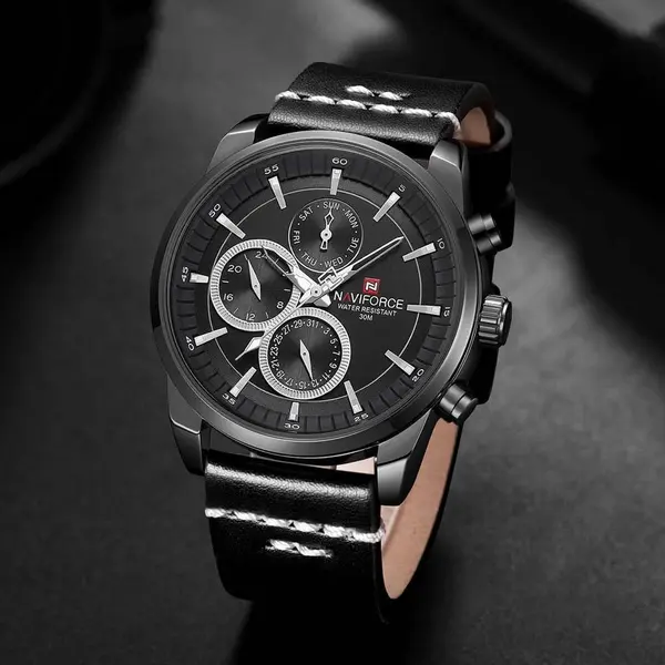Naviforce NF9148 Custom Luxury Leather Strap Quartz Casual Men's Watch – Dial Color: Black, Strap Color: Black – View 3