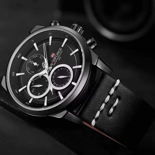 Naviforce NF9148 Custom Luxury Leather Strap Quartz Casual Men's Watch – Dial Color: Black, Strap Color: Black – View 4