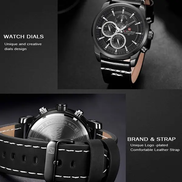 Naviforce NF9148 Custom Luxury Leather Strap Quartz Casual Men's Watch – Dial Color: Black, Strap Color: Black – View 5