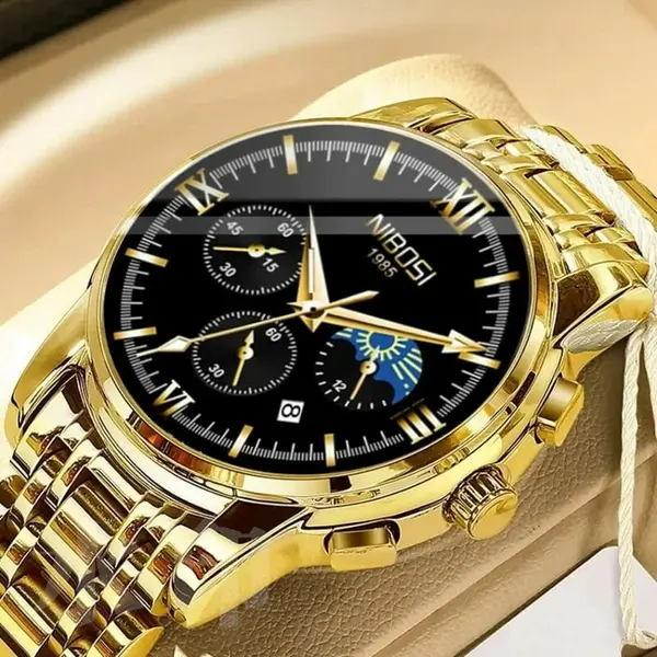 Nibosi 2515 Stainless Steel & Stylish Men's Watch – Dial Color: Black, Strap Color: Gold – View 2