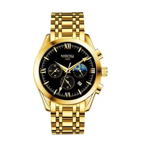 Nibosi 2515 Stainless Steel & Stylish Men's Watch – Dial Color: Black, Strap Color: Gold – View 1
