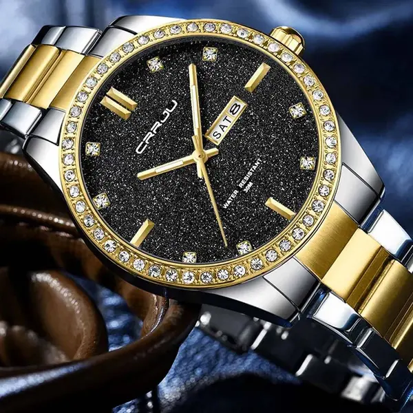CRRJU 5008 Stainless Steel Quartz Function Classic Fashion Men's Watch – Dial Color: Black, Strap Color: Gold  – View 2