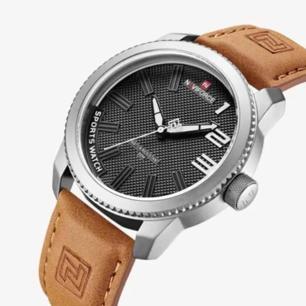 Naviforce 9202 Casual Leather Men's Watch – Dial Color: Silver, Strap Color:  Brown  – View 2