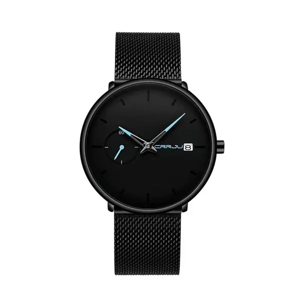 CRRJU 2258 Effortless Sophistication High Quality Black Stainless Steel Simple Casual Men's Watch – Dial Color: Blue, Strap Color: Black – View 1