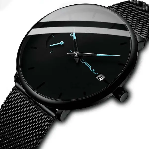 CRRJU 2258 Effortless Sophistication High Quality Black Stainless Steel Simple Casual Men's Watch – Dial Color: Blue, Strap Color: Black – View 2
