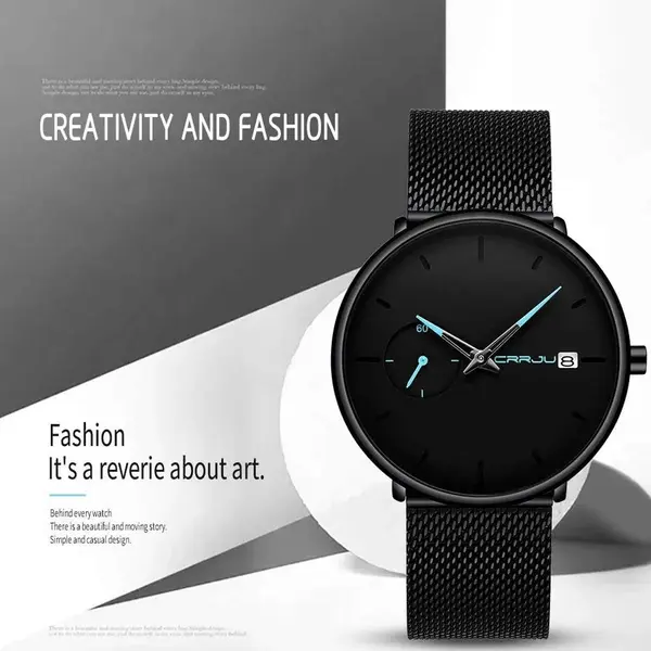 CRRJU 2258 Effortless Sophistication High Quality Black Stainless Steel Simple Casual Men's Watch – Dial Color: Blue, Strap Color: Black – View 4
