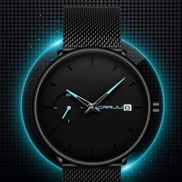 CRRJU 2258 Effortless Sophistication High Quality Black Stainless Steel Simple Casual Men's Watch – Dial Color: Blue, Strap Color: Black – View 3