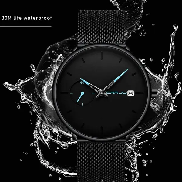 CRRJU 2258 Effortless Sophistication High Quality Black Stainless Steel Simple Casual Men's Watch – Dial Color: Blue, Strap Color: Black – View 5