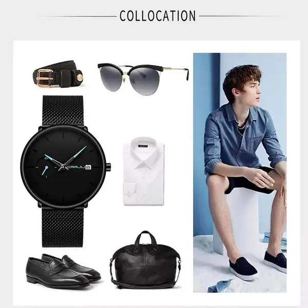 CRRJU 2258 Effortless Sophistication High Quality Black Stainless Steel Simple Casual Men's Watch – Dial Color: Blue, Strap Color: Black – View 7