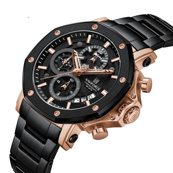 Naviforce 8065 High Quality Stainless Steel Luminous Men Watch – Dial Color: Black, Strap Color: Black – View 2
