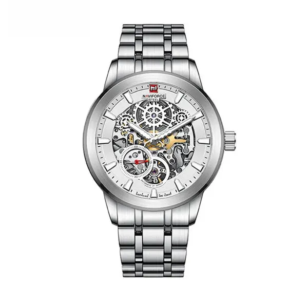 Naviforce NFS1002 Automatic Mechanical Stainless Steel Men's Watch – Dial Color: Silver, Strap Color: Silver – View 1