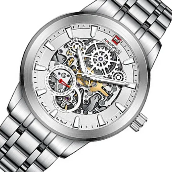 Naviforce NFS1002 Automatic Mechanical Stainless Steel Men's Watch – Dial Color: Silver, Strap Color: Silver – View 2