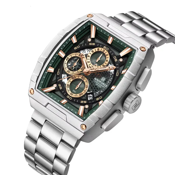 Naviforce 8066 High Quality Stainless Steel Chronograph Analog Men's Watch – Dial Color: Silver, Strap Color: Silver – View 2