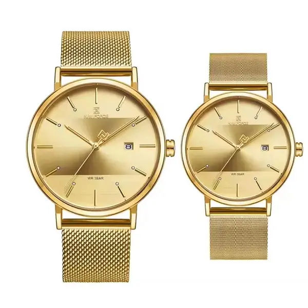Naviforce NF3008 High Quality Stainless Steel Classic Quartz Fashion Couple's Watch – Dial Color: Gold, Strap Color: Gold  – View 1