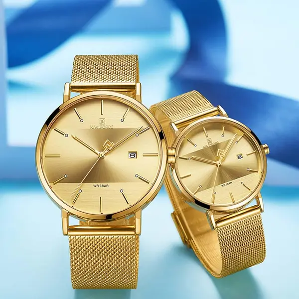 Naviforce NF3008 High Quality Stainless Steel Classic Quartz Fashion Couple's Watch – Dial Color: Gold, Strap Color: Gold  – View 3