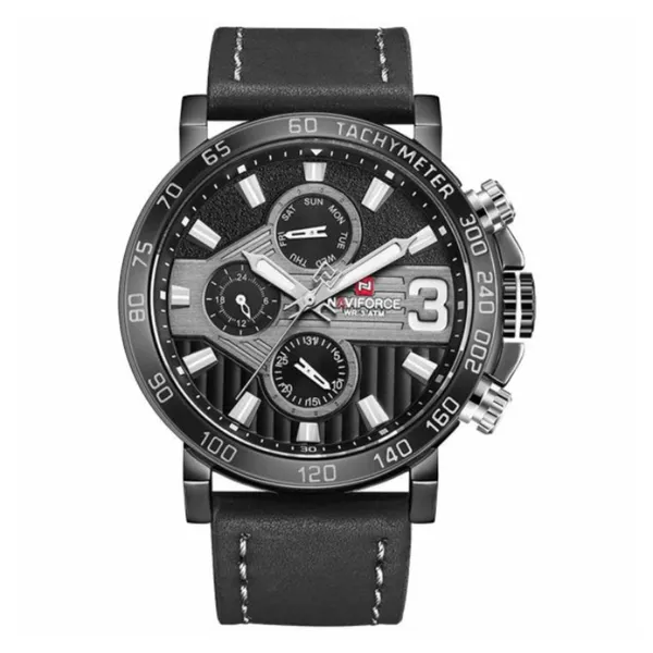 NAVIFORCE 9137 Sports Leather Wrist Strap Analog Quartz Men’s Watch – Dial Color: Black, Strap Color: Black – View 1