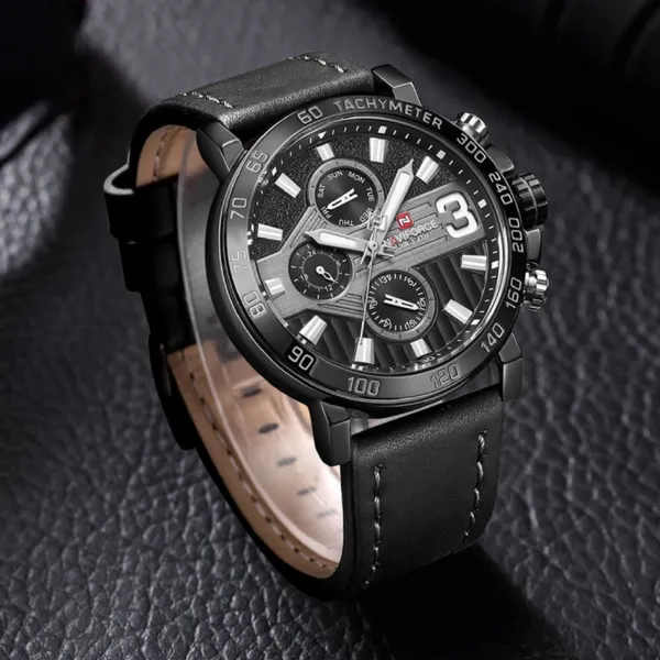 NAVIFORCE 9137 Sports Leather Wrist Strap Analog Quartz Men’s Watch – Dial Color: Black, Strap Color: Black – View 3