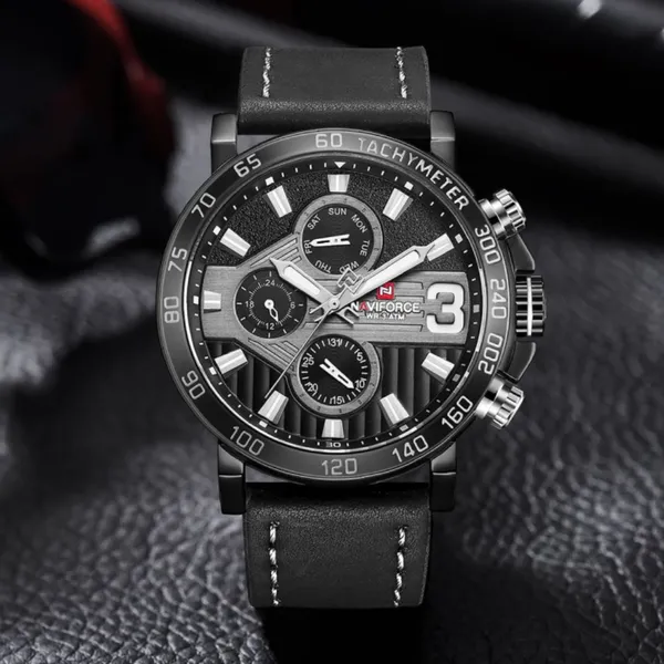 NAVIFORCE 9137 Sports Leather Wrist Strap Analog Quartz Men’s Watch – Dial Color: Black, Strap Color: Black – View 4