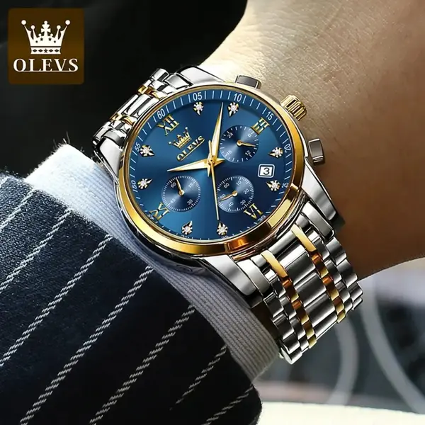 OLEVS 2858 Stainless Steel Waterproof Chronograph Luminous Men's Watch – Dial Color: Blue Gold, Strap Color: White Gold – View 4