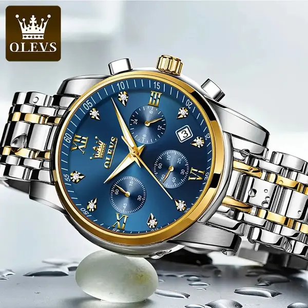 OLEVS 2858 Stainless Steel Waterproof Chronograph Luminous Men's Watch – Dial Color: Blue Gold, Strap Color: White Gold – View 5